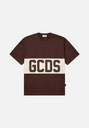 GCDS T-shirt COLOUR-BLOCK  french roast-bone-marrone per uomo e donna  con maxi banda bicolore e logo centrale Z0MLQC140J101 387U GCDS 