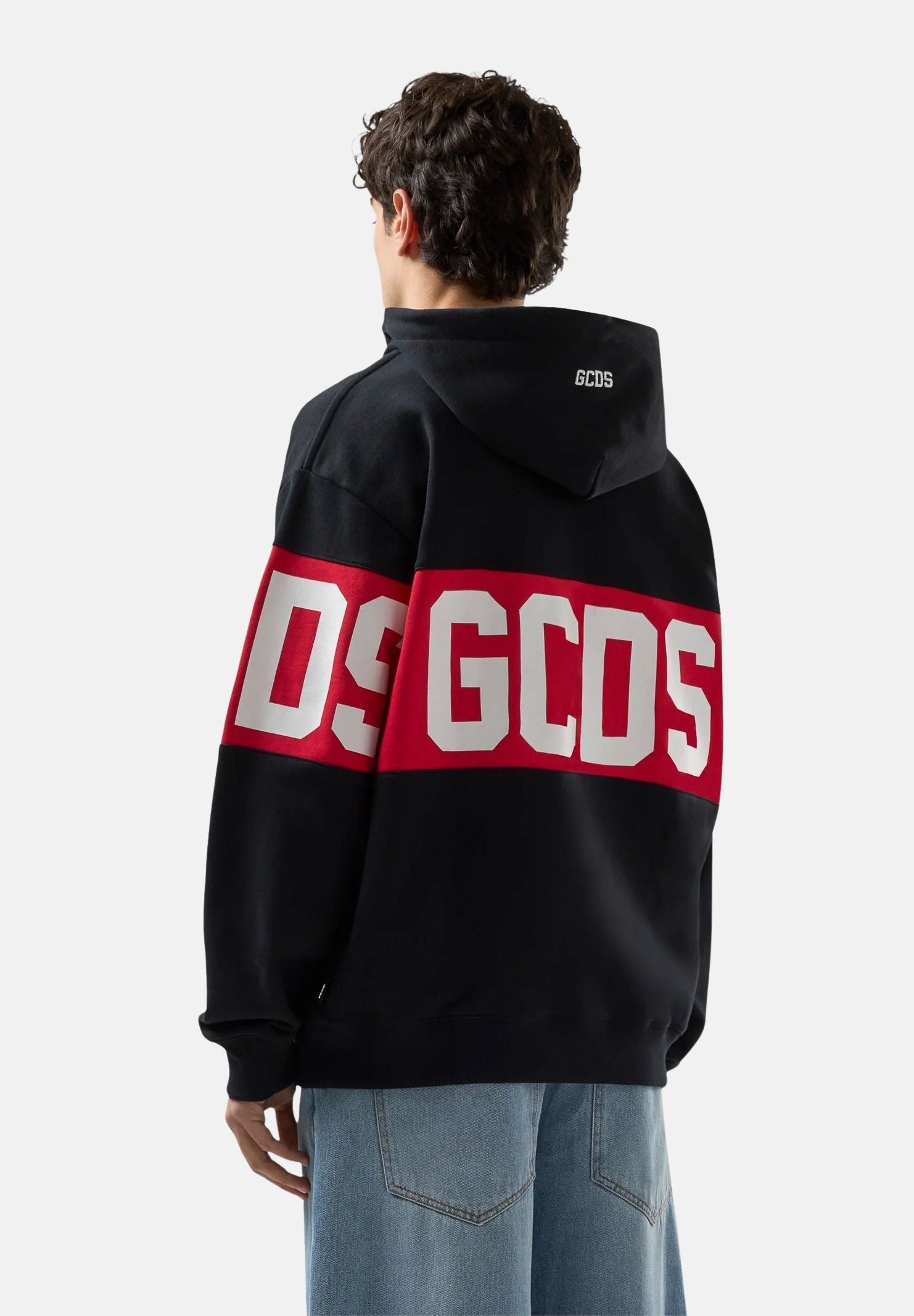 GCDS Felpa con cappuccio nera per uomo e donna caratterizzata da banda a contrasto e logo Z0MLQE138F004 999R GCDS 