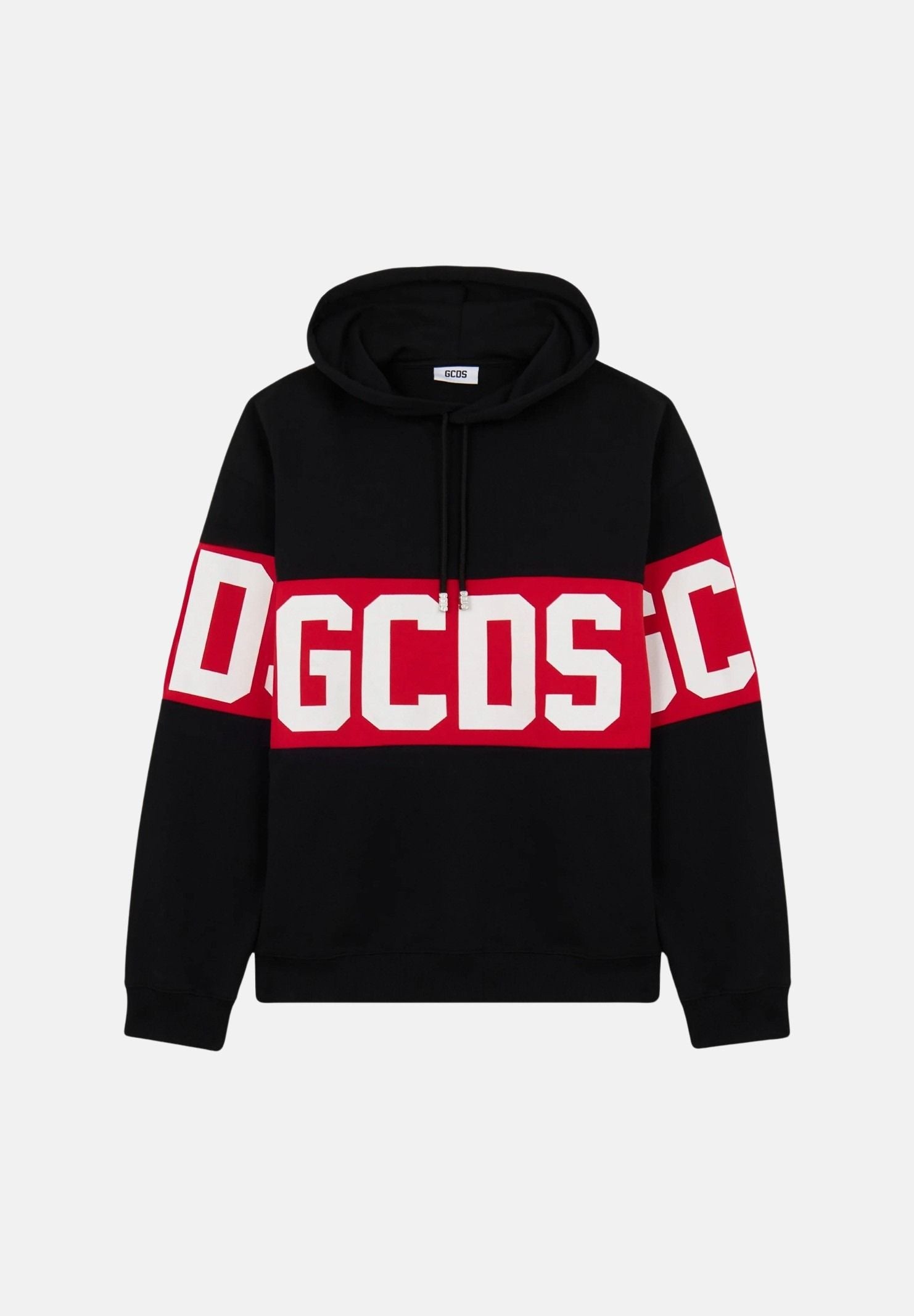 GCDS Felpa con cappuccio nera per uomo e donna caratterizzata da banda a contrasto e logo Z0MLQE138F004 999R GCDS 
