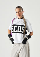 GCDS T-shirt manica corta bianca e nera, per donna, ragazzi e bambini con stampa logo centrale Z0UJQC585J105 157B GCDS 