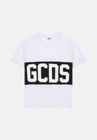GCDS T-shirt manica corta bianca e nera, per donna, ragazzi e bambini con stampa logo centrale Z0UJQC585J105 157B GCDS 