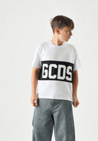 GCDS T-shirt manica corta bianca e nera, per donna, ragazzi e bambini con stampa logo centrale Z0UJQC585J105 157B GCDS 