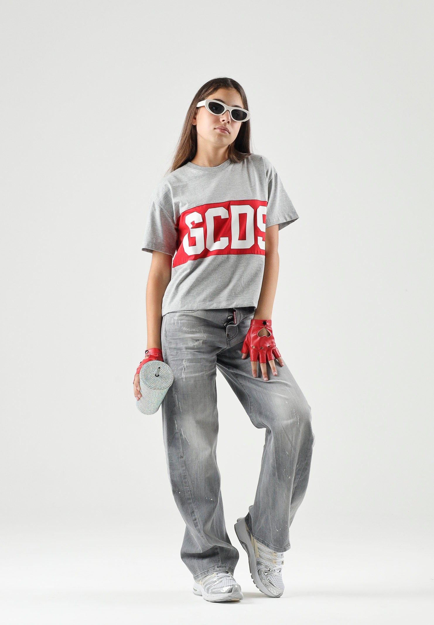GCDS T-shirt manica corta neutro grigio-rosso per donna, ragazzi e bambini con maxi logo iconico Z0UJQC585J105 953R GCDS 