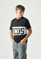 GCDS T-shirt a manica corta nera e bianca per donna, ragazzi e bambini con stampa logo Z0UJQC585J105 999A GCDS 
