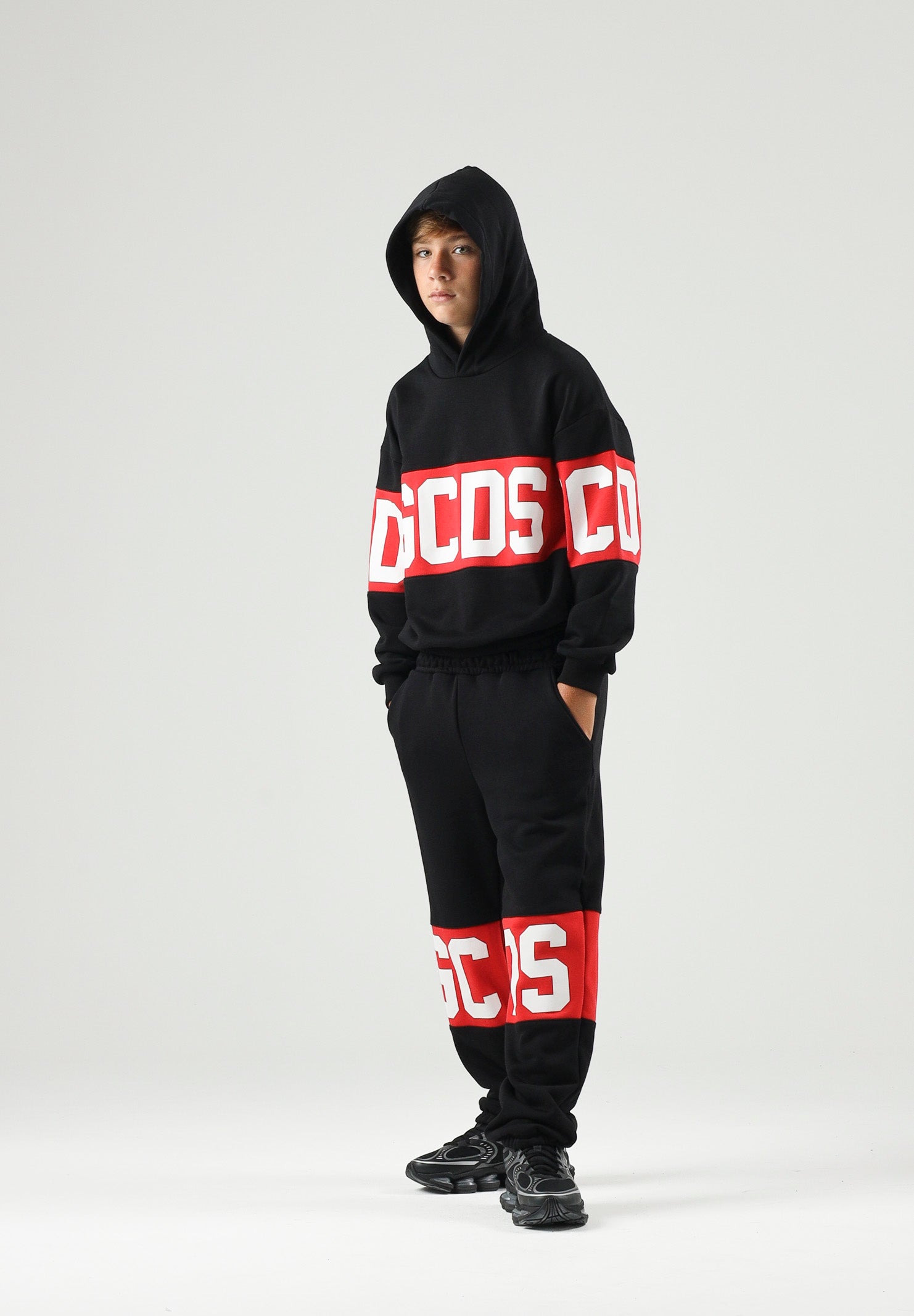GCDS Felpa con cappuccio nera/rossa  per donna, ragazzi e bambini con logo iconico Z0UJQE583F004 999R GCDS 