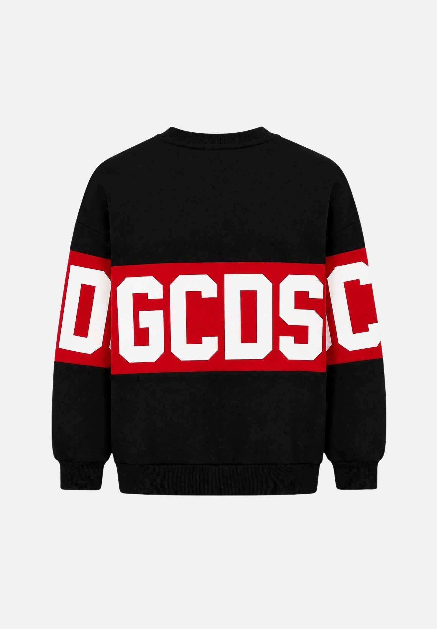 GCDS Felpa girocollo nera e rossa per donna, ragazzi e bambini con iconica fascia logo a contrasto.<BR/> Z0UJQE584F004 999R GCDS 