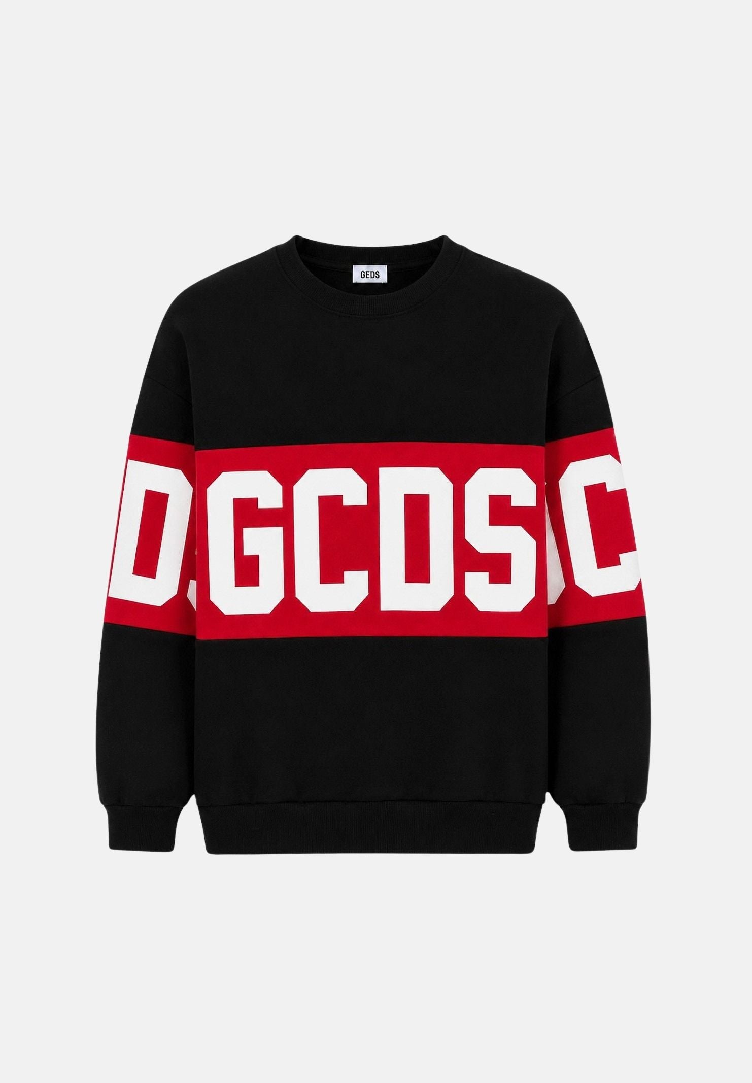 GCDS Felpa girocollo nera e rossa per donna, ragazzi e bambini con iconica fascia logo a contrasto.<BR/> Z0UJQE584F004 999R GCDS 