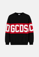 GCDS Felpa girocollo nera dettagli red per bambino e bambina con design color block e iconica fascia logo Z0UJQE584F004J 999R GCDS 