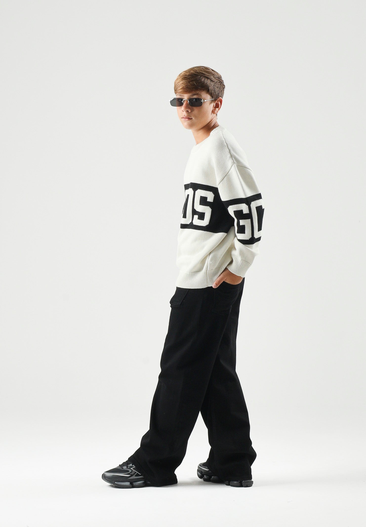 GCDS Maglia girocollo BAND LOGO SWEATER bianco e nero, per donna, ragazzi e bambini Z0UJQF621K347 157B GCDS 