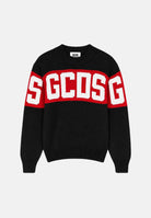 GCDS Maglia girocollo nera e rossa per donna, ragazzi e bambini con logo frontale Z0UJQF621K347 999R GCDS 