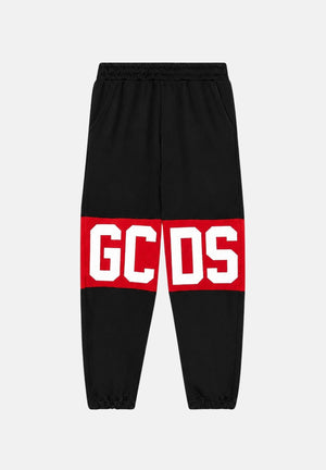GCDS Pantaloni BAND LOGO TRACK PANTS nero per bambino e bambina con fascia rossa e maxi logo GCDS Z0UJQI588F004J 999R GCDS 