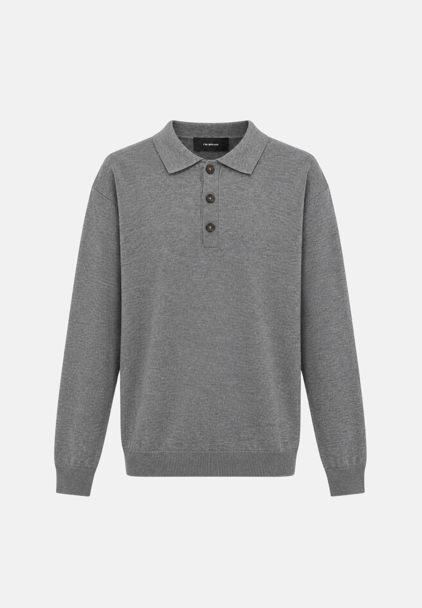 I'M BRIAN Polo in maglia rasata grigio mélange da uomo, con colletto classico, tre bottoni, maniche lunghe e bordi a costine. MA3816 008 I'M BRIAN 