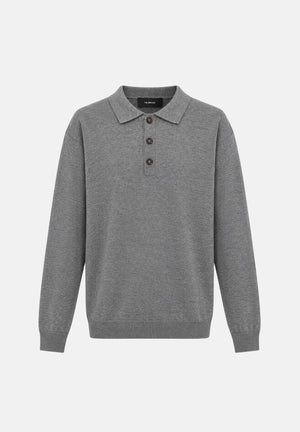 I'M BRIAN Polo in maglia rasata grigio mélange da uomo, con colletto classico, tre bottoni, maniche lunghe e bordi a costine. MA3816 008 I'M BRIAN 