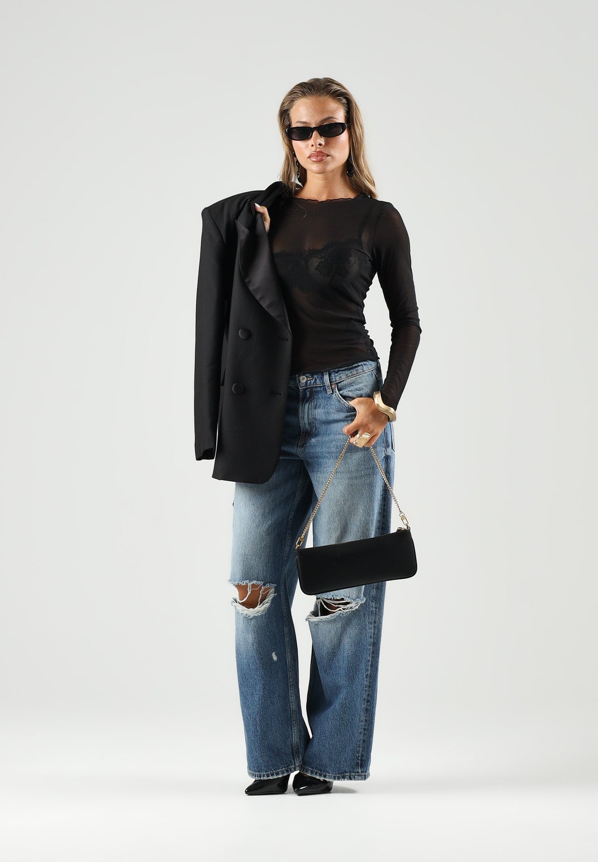 JDY Top trasparente nero per donna con scollo rotondo e tessuto in tulle leggero. 15356004 BL JDY 
