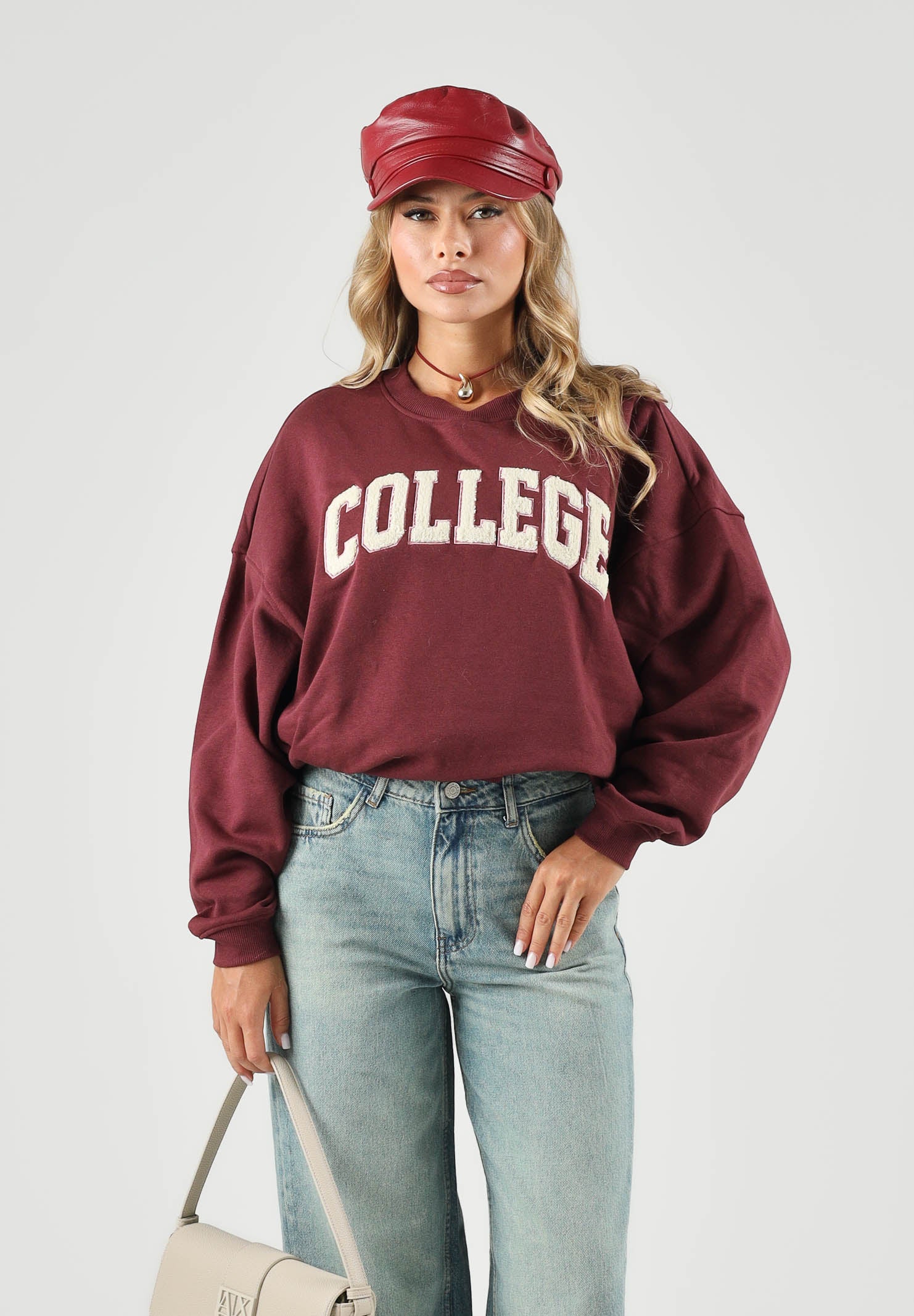 JDY Felpa girocollo COLLEGE bordeaux da donna con scritta frontale a contrasto e interno felpato 15370526 WI JDY 
