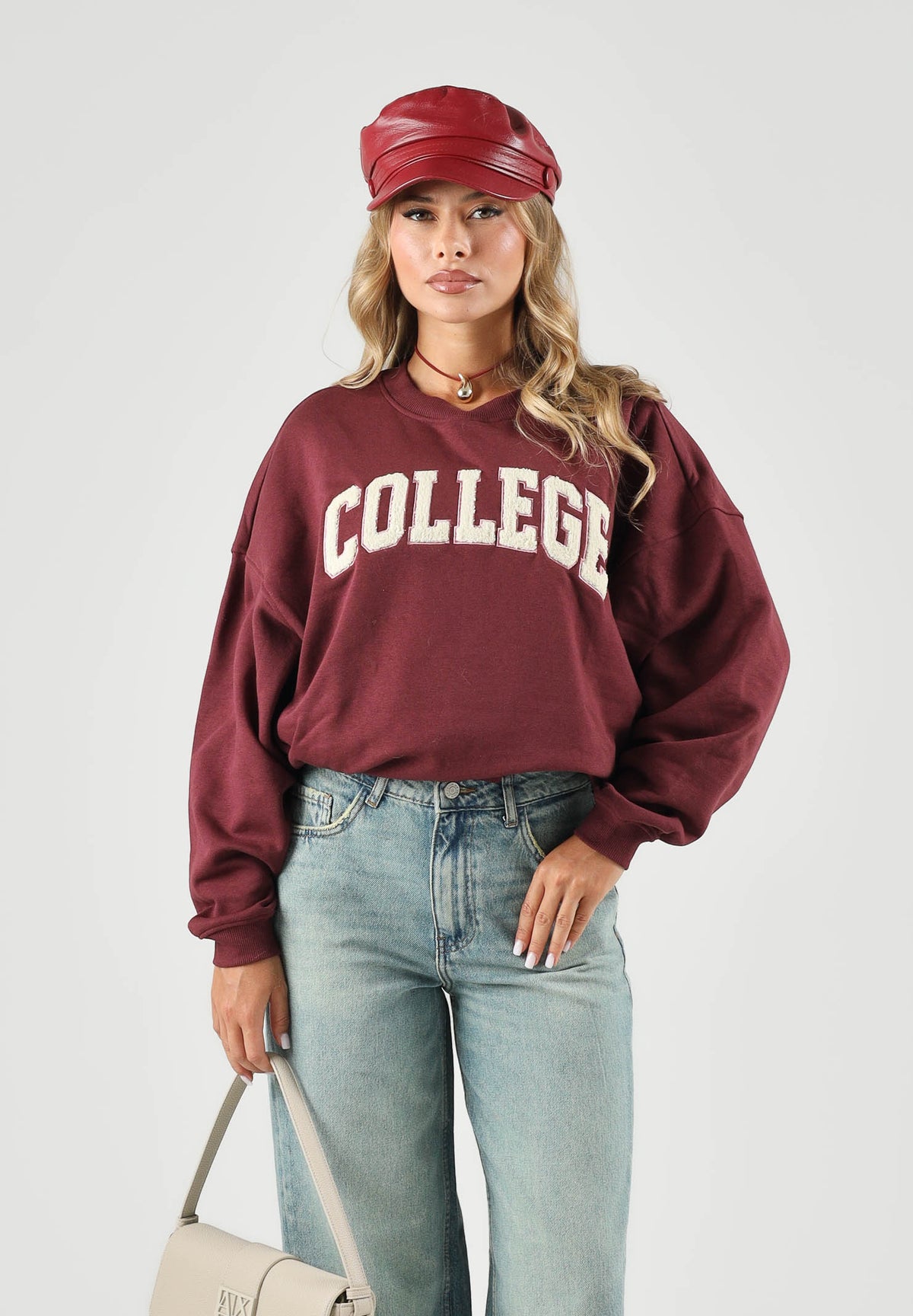 JDY Felpa girocollo COLLEGE bordeaux da donna con scritta frontale a contrasto e interno felpato 15370526 WI JDY 