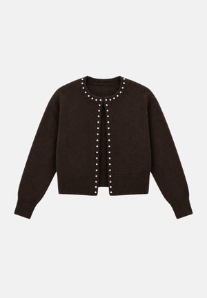 JDY Cardigan corto  JDYEMMALI marrone per donna con profili perlati a contrasto e girocollo. 15376584 COBE JDY 