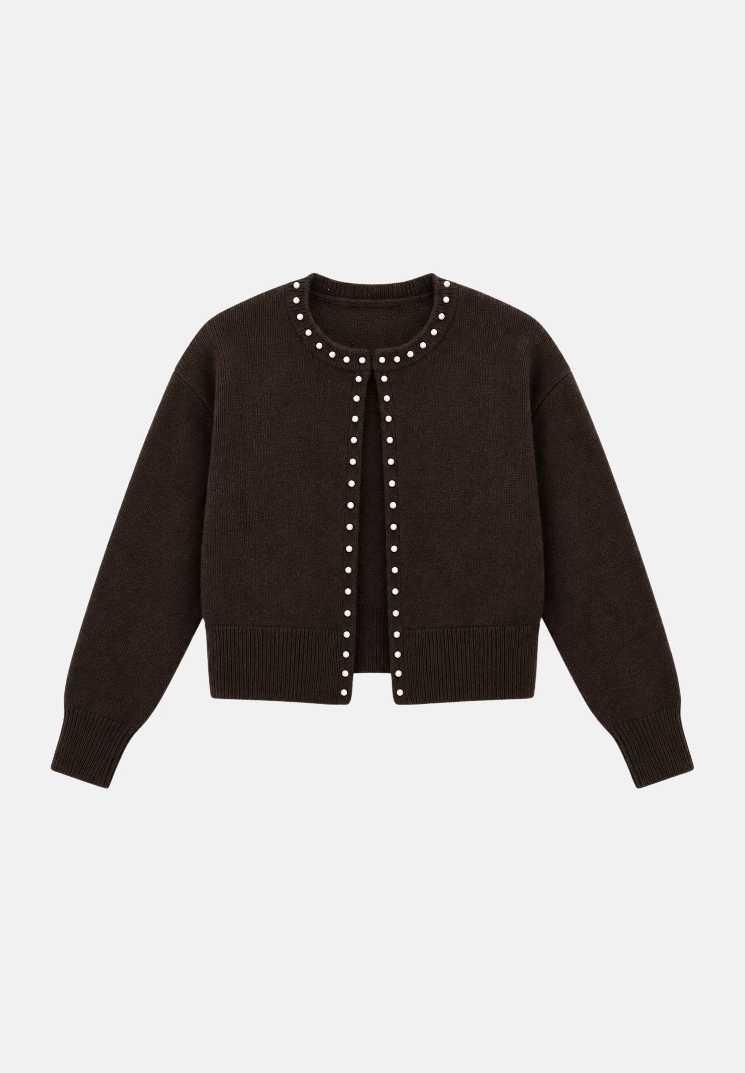 JDY Cardigan corto  JDYEMMALI marrone per donna con profili perlati a contrasto e girocollo. 15376584 COBE JDY 