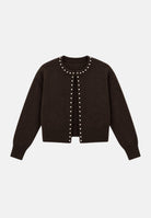 JDY Cardigan corto  JDYEMMALI marrone per donna con profili perlati a contrasto e girocollo. 15376584 COBE JDY 