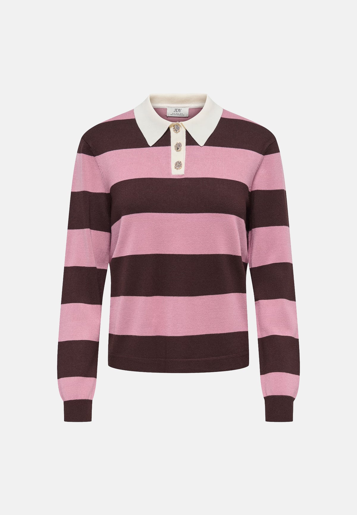 JDY Polo manica lunga  a righe chicory coffee-rosa e marrone per donna con colletto e bottoni. 15376603 CHCO JDY 