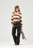 JDY Polo manica lunga  a righe toffee creme-burro per donna con colletto e bottoni. 15376603 TO JDY 