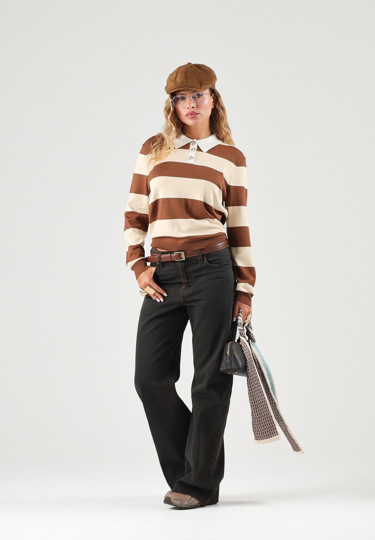 JDY Polo manica lunga  a righe toffee creme-burro per donna con colletto e bottoni. 15376603 TO JDY 