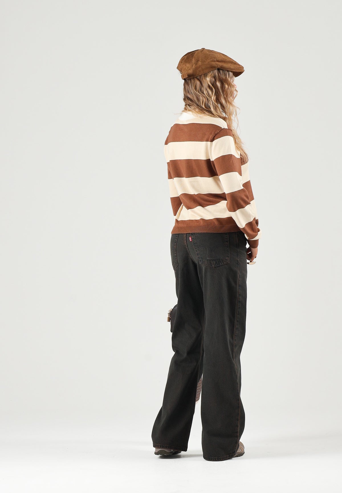JDY Polo manica lunga  a righe toffee creme-burro per donna con colletto e bottoni. 15376603 TO JDY 