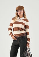 JDY Polo manica lunga  a righe toffee creme-burro per donna con colletto e bottoni. 15376603 TO JDY 