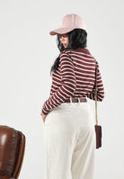 JDY Polo manica lunga JDYINA bordeaux e beige per donna con motivo a righe orizzontali 15379717 SA JDY 
