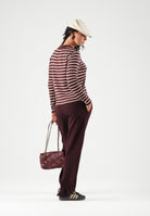 JDY Polo manica lunga JDYINA bordeaux e beige per donna con motivo a righe orizzontali 15379717 SA JDY 