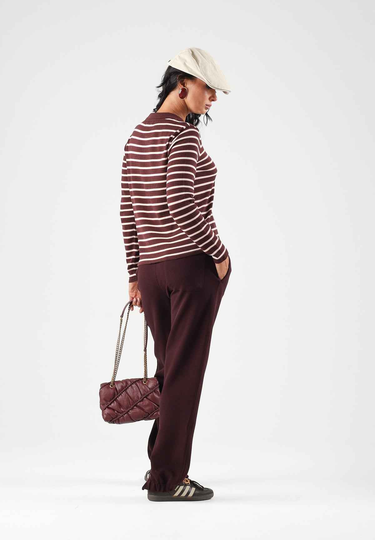 JDY Polo manica lunga JDYINA bordeaux e beige per donna con motivo a righe orizzontali 15379717 SA JDY 