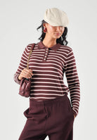 JDY Polo manica lunga JDYINA bordeaux e beige per donna con motivo a righe orizzontali 15379717 SA JDY 