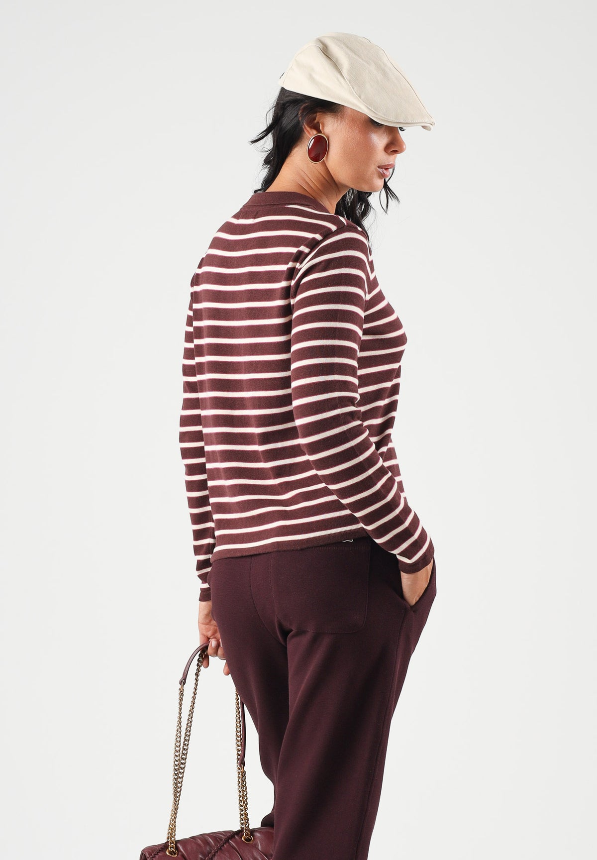 JDY Polo manica lunga JDYINA bordeaux e beige per donna con motivo a righe orizzontali 15379717 SA JDY 