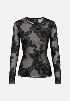 JDY Top manica lunga JDYCASABLANCA nero da donna con lavorazione floreale trasparente. 15379869 BL JDY 
