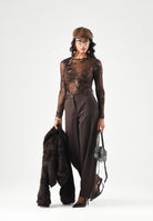 JDY Top manica lunga JDYCASABLANCA marrone da donna con lavorazione floreale trasparente. 15379869 COBE JDY 