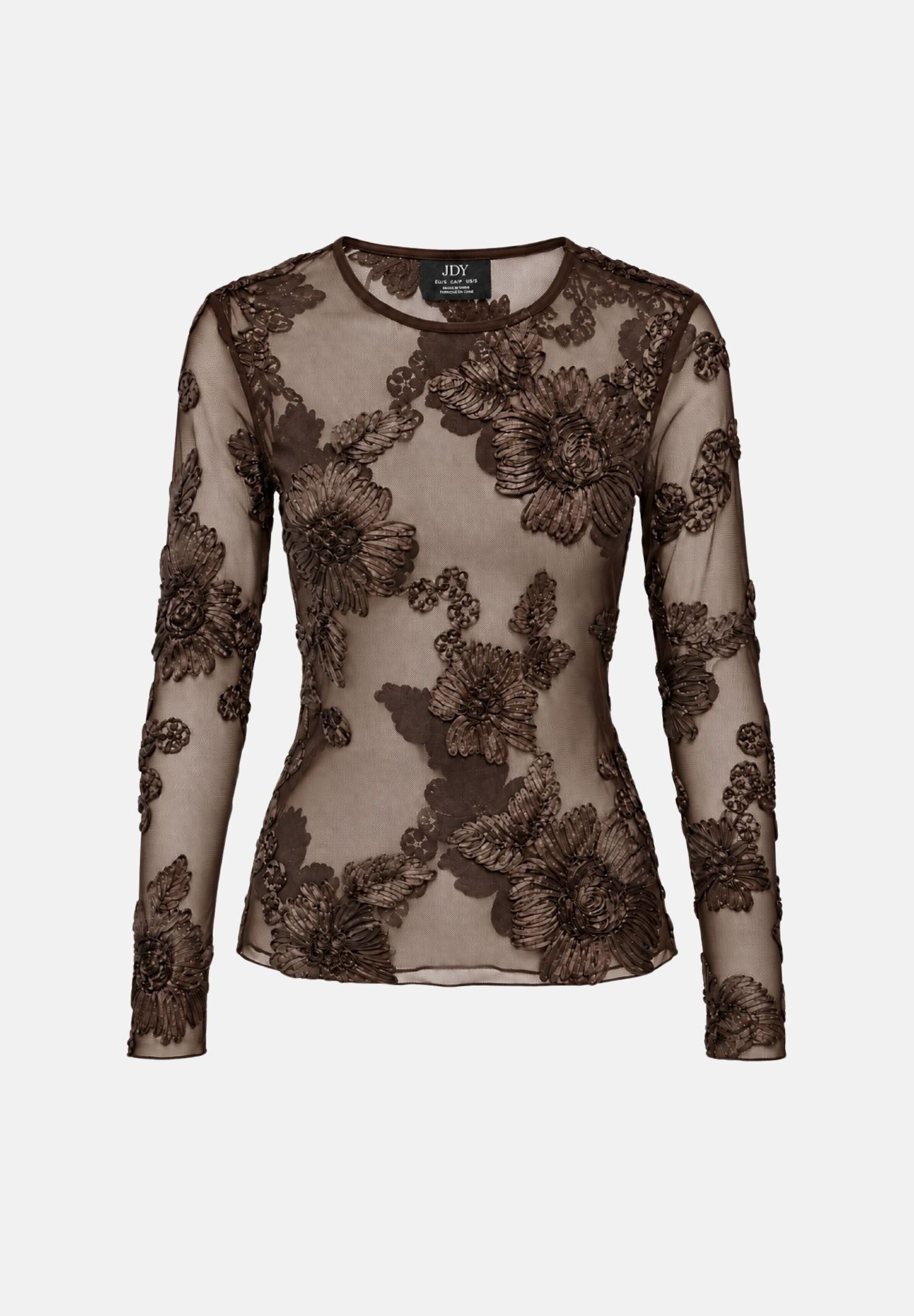 JDY Top manica lunga JDYCASABLANCA marrone da donna con lavorazione floreale trasparente. 15379869 COBE JDY 