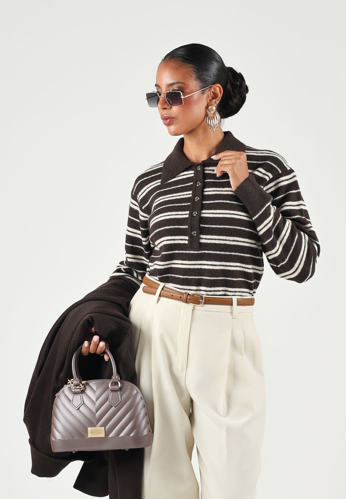 JDY Polo manica lunga JDYCHLOE marrone e beige per donna con motivo a righe 15381529 CHBR JDY 