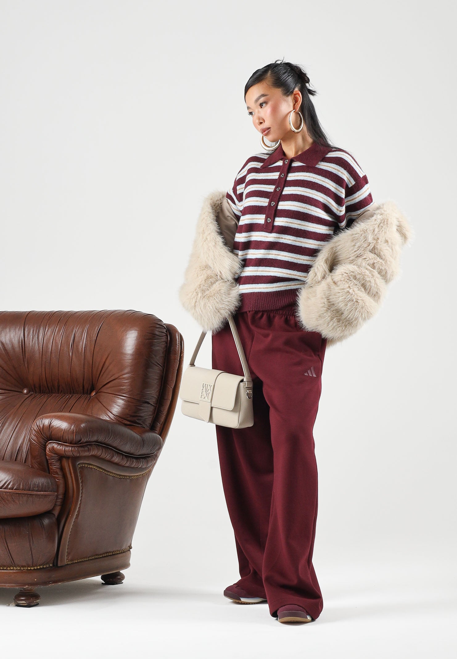JDY Polo manica lunga JDYCHLOE bordeaux e bianco per donna con motivo a righe 15381529 FI JDY 