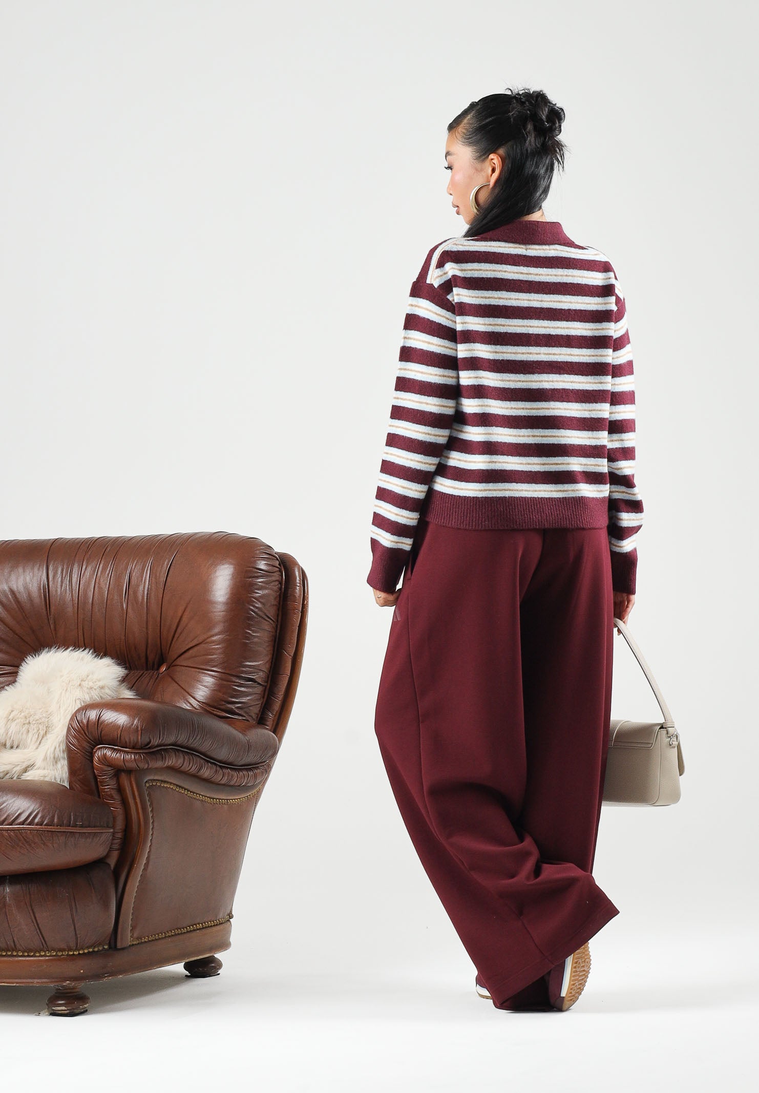 JDY Polo manica lunga JDYCHLOE bordeaux e bianco per donna con motivo a righe 15381529 FI JDY 
