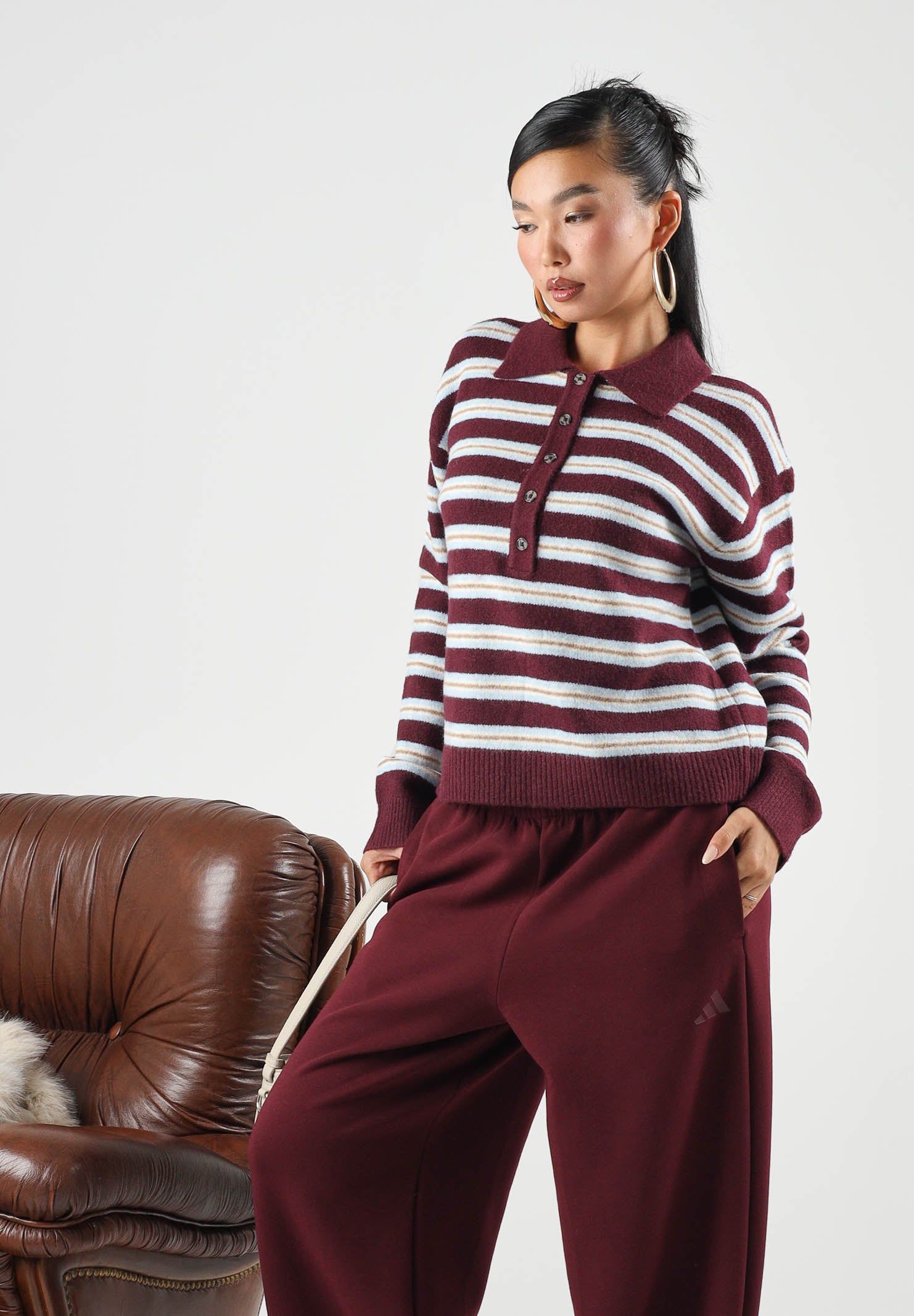 JDY Polo manica lunga JDYCHLOE bordeaux e bianco per donna con motivo a righe 15381529 FI JDY 