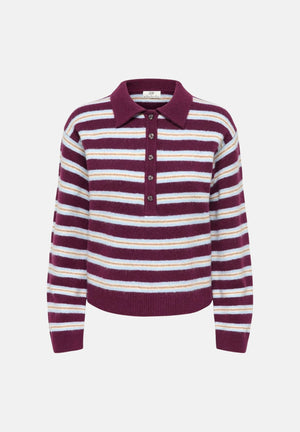 JDY Polo manica lunga JDYCHLOE bordeaux e bianco per donna con motivo a righe 15381529 FI JDY 
