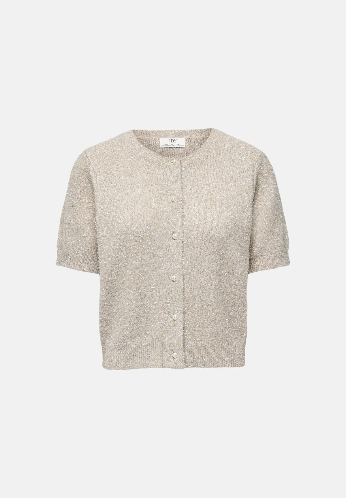 JDY Cardigan JDYNADINE S/S GLITTER Beige / W. Silver Lurex beige chiaro con riflessi argento da donna in maglia con filati metallizzati, girocollo, maniche corte, chiusura frontale con bottoni effetto perla e finiture a costine. 15382915 BEWSI JDY 