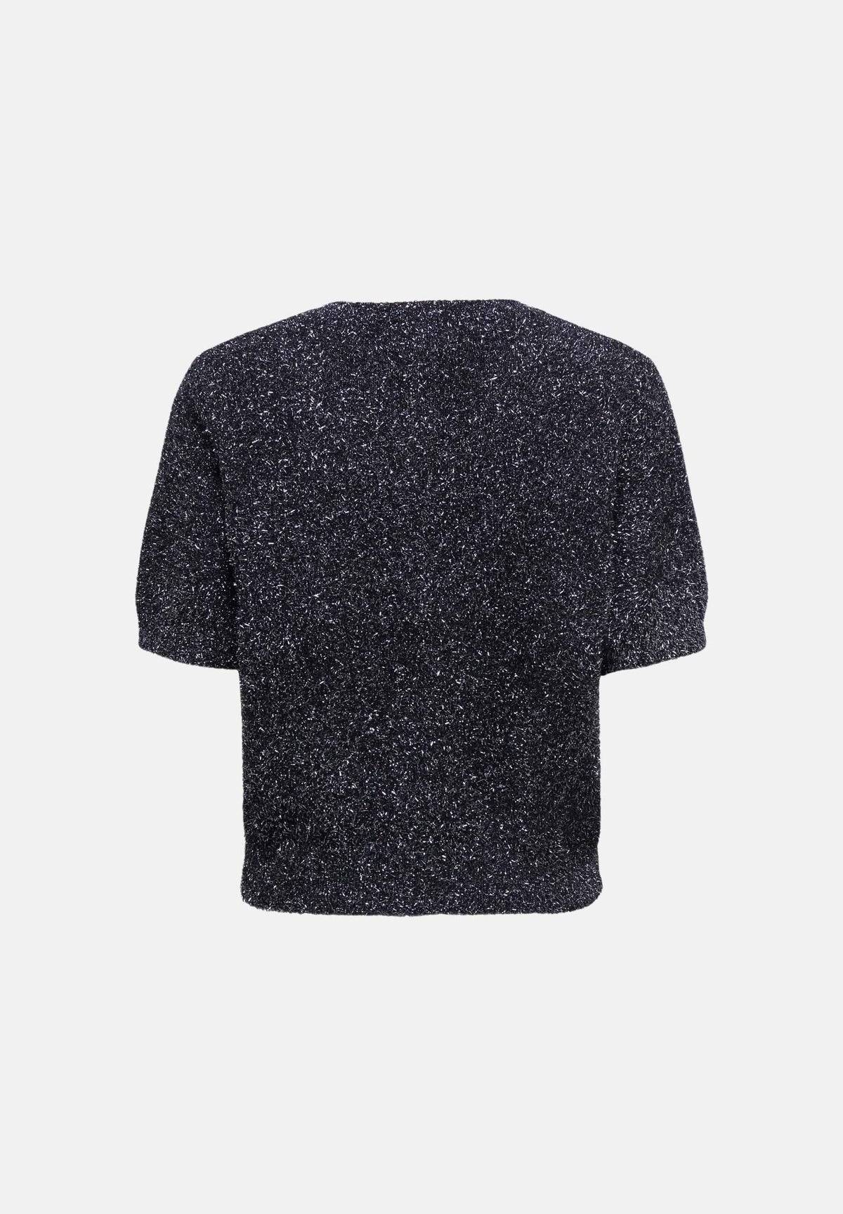 JDY cardigan donna nero con lurex argento, in maglia glitterata, con girocollo, maniche corte a palloncino e bottoni effetto perla. 15382915 BLSI JDY 