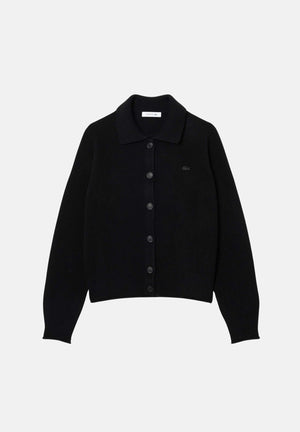 LACOSTE Cardigan MAGLIA 3D Black nero da donna in pura lana cardata , con colletto a polo, bottoni e coccodrillo ricamato.<BR/> AF8274 031 LACOSTE 