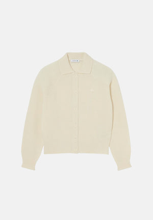 LACOSTE Cardigan MAGLIA 3D Ecru White bianco panna da donna, in pura lana cardata, con colletto a polo, bottoni e coccodrillo ricamato. AF8274 XFJ LACOSTE 