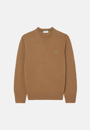 LACOSTE Maglia girocollo WOOL CREWNECK JUMPER beige per uomo in pura lana con scollo rotondo e logo ricamato. AH2916 SIX LACOSTE 