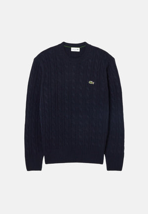 LACOSTE Maglia girocollo CABLE KNIT JUMPER blu da uomo in cotone lavorato a trecce AH2924 166 LACOSTE 