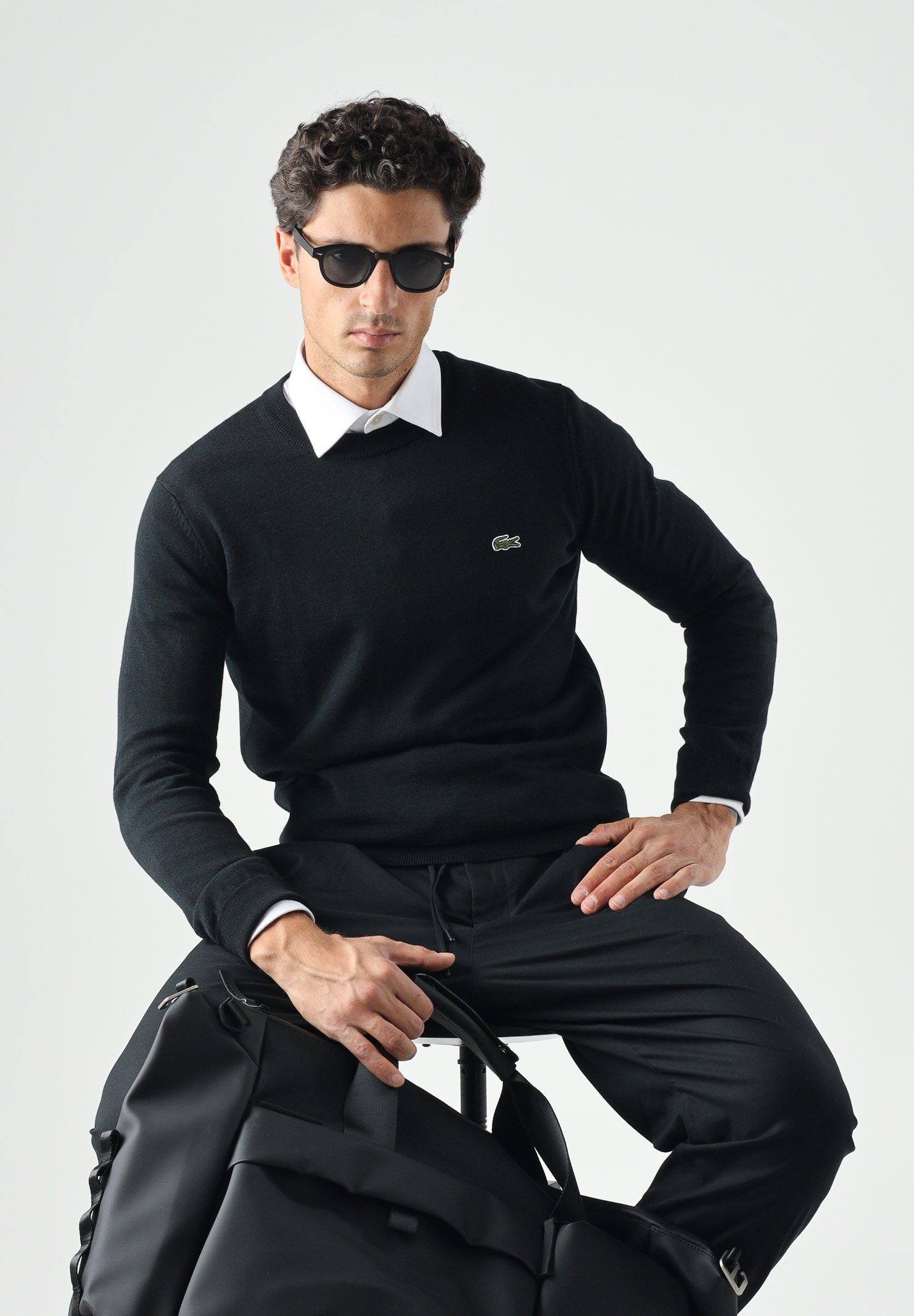 LACOSTE Pullover girocollo  nero da uomo con logo laterale coccodrillo<BR/> AH3225 031 LACOSTE 