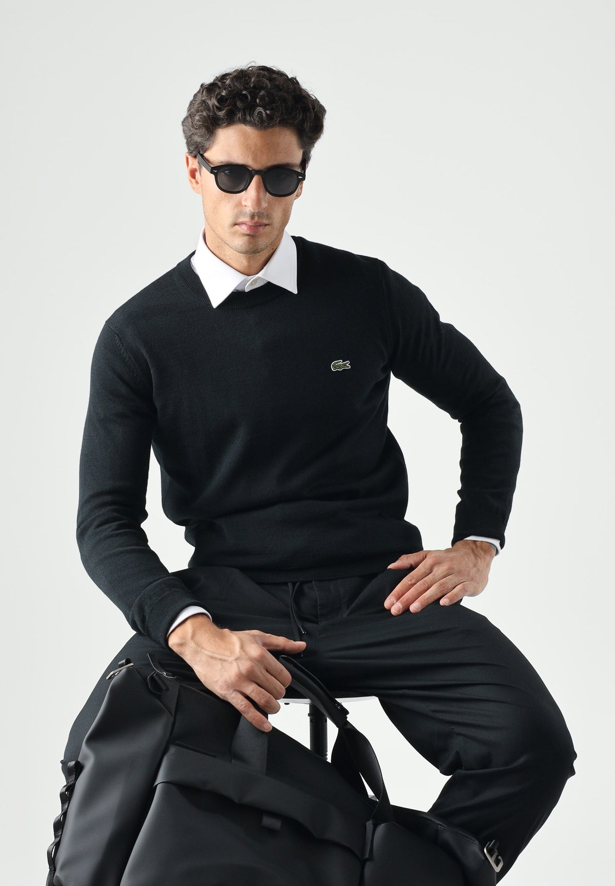 LACOSTE Maglione girocollo  nero da uomo con logo laterale coccodrillo<BR/> AH3225 031 LACOSTE 