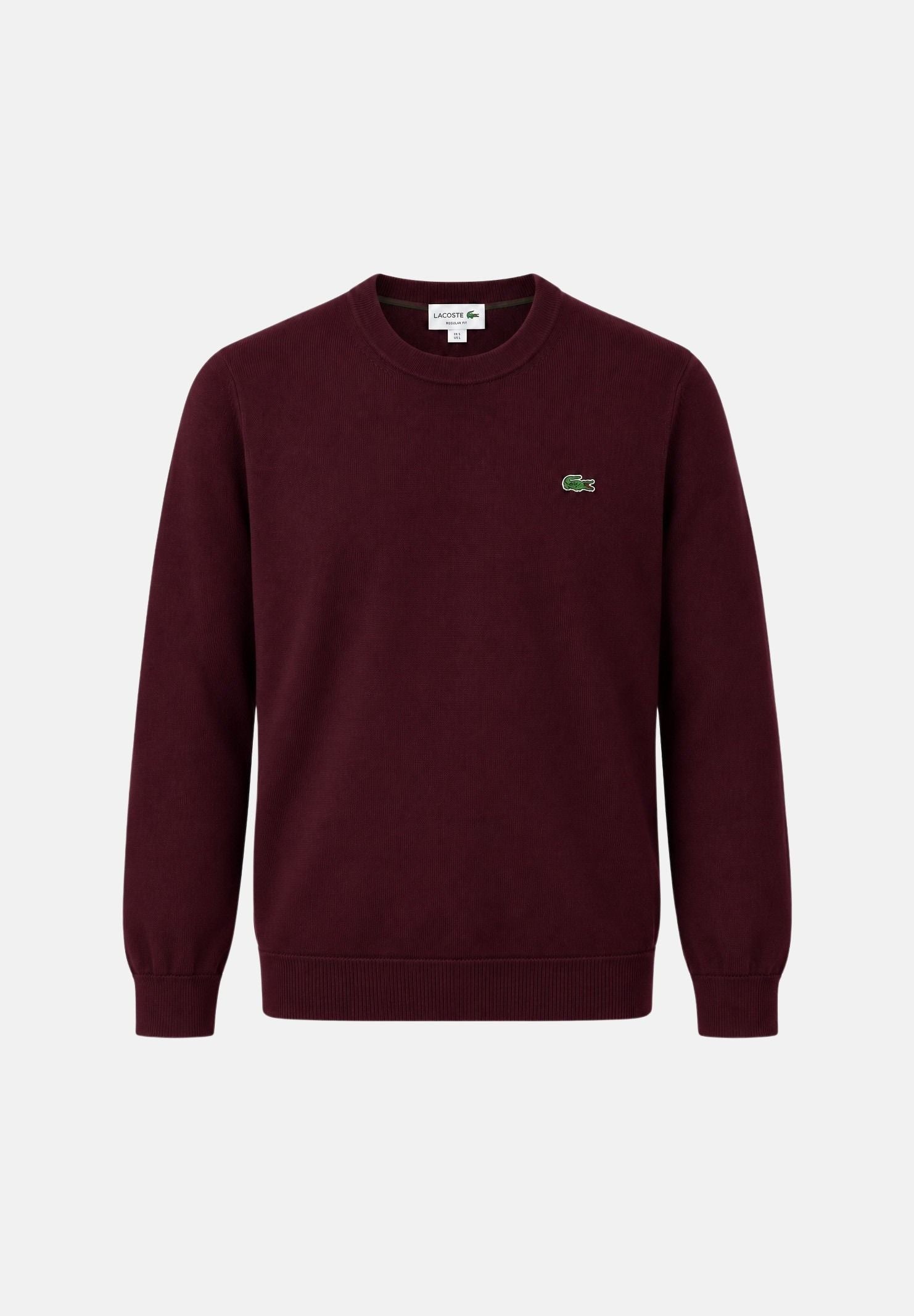 LACOSTE Maglione girocollo Merlot bordeaux da uomo, con maniche lunghe, bordi a costine e coccodrillo sul petto.<BR/> AH3225 3KE LACOSTE 
